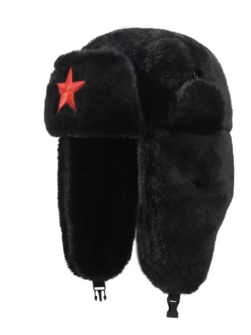 Black Faux-Fur Trooper Hat with Red Star
